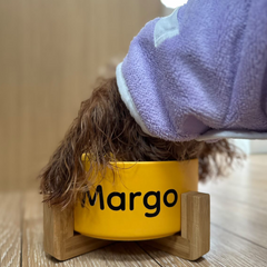 Yellow Ceramic Pet Bowl With Bamboo Stand