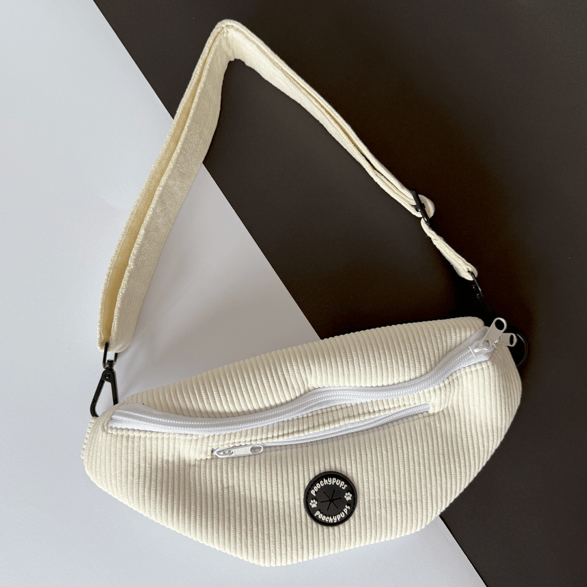 Out - 'Dora' White Corduroy Dog Walking Cross body bag - PoochyPups - Dog Harnesses & Toys