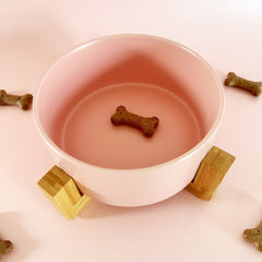 Pink Ceramic Pet Bowl With Bamboo Stand - PoochyPups - Dog Harnesses & Toys