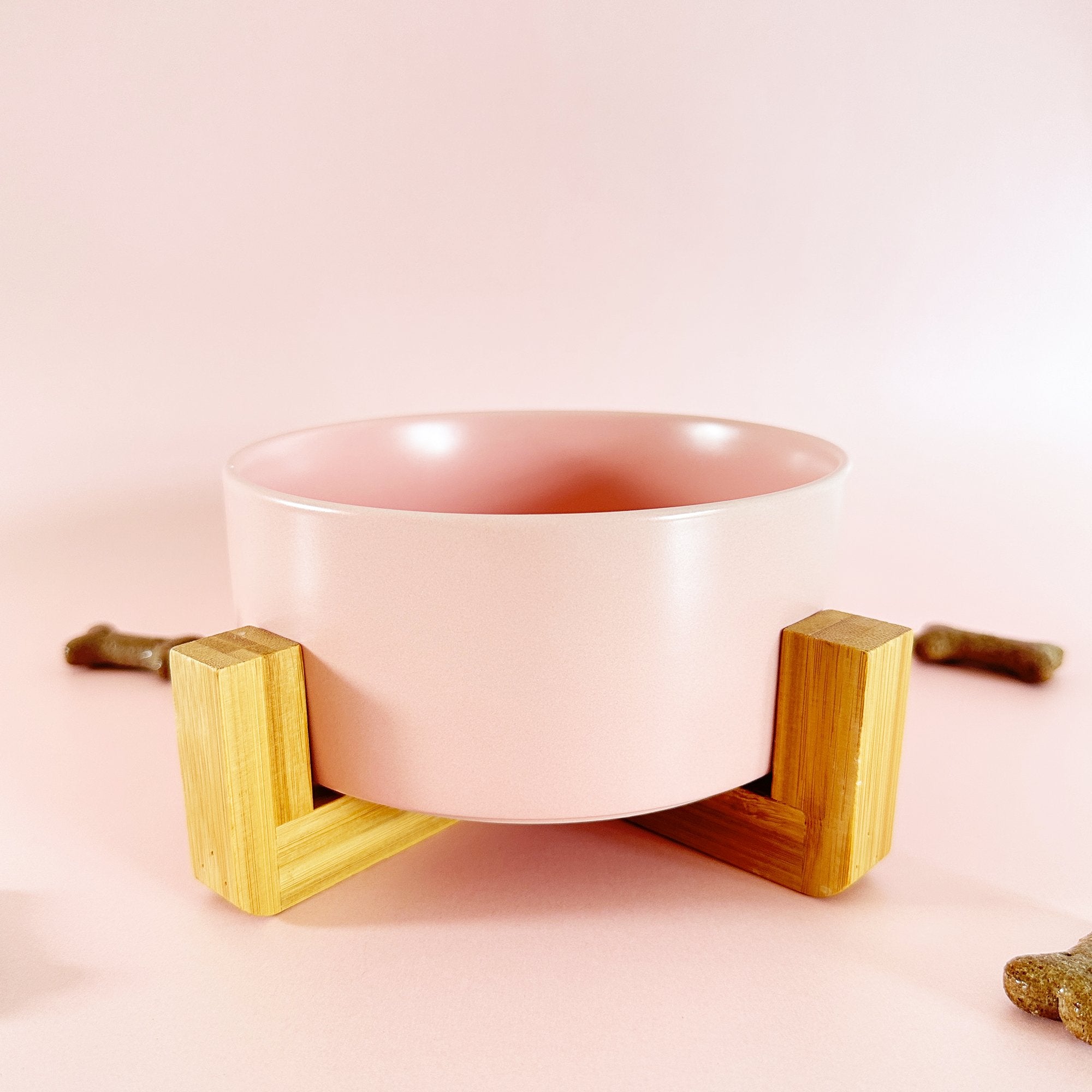 Pink Ceramic Pet Bowl With Bamboo Stand - PoochyPups - Dog Harnesses & Toys