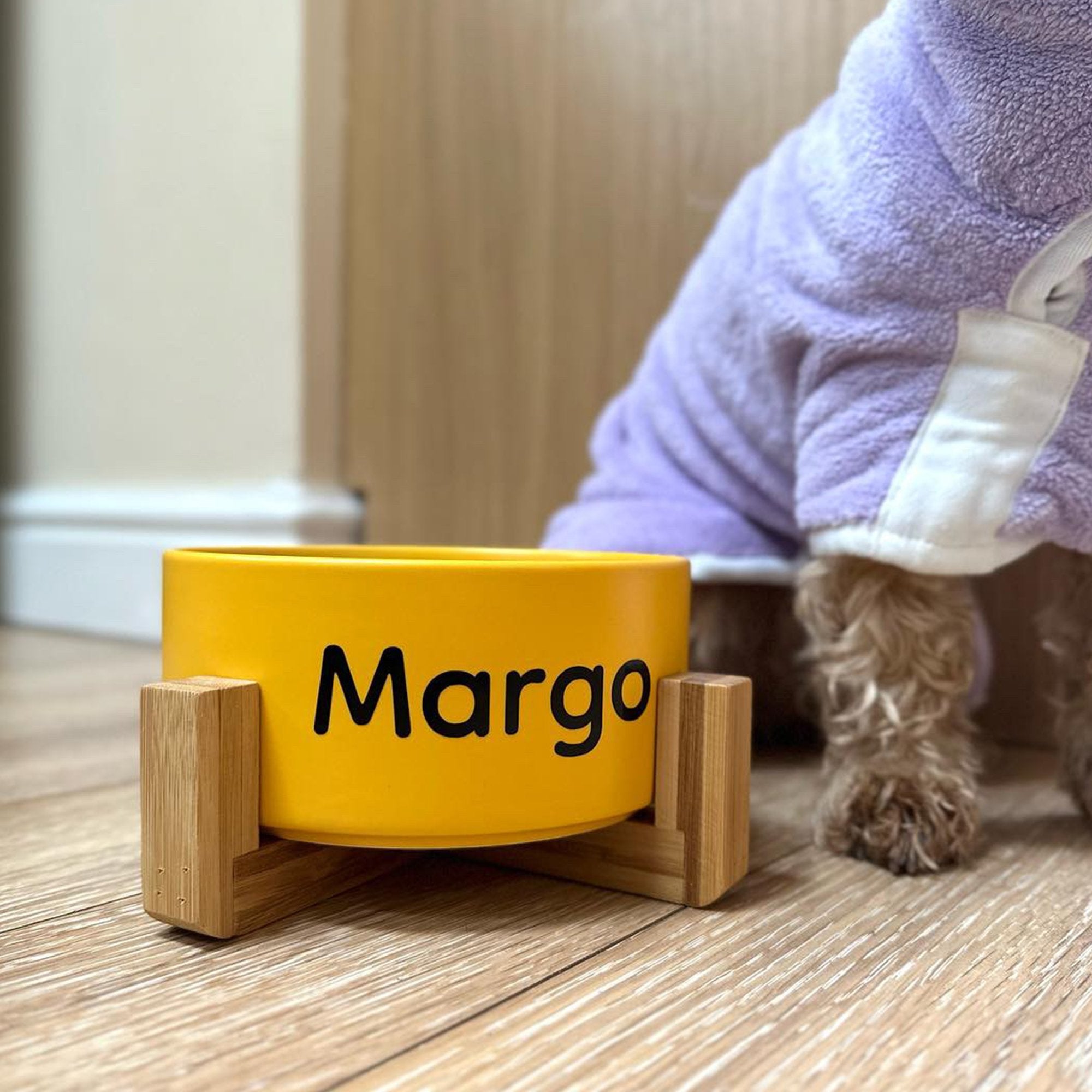 Yellow Ceramic Pet Bowl With Bamboo Stand - PoochyPups - Dog Harnesses & Toys