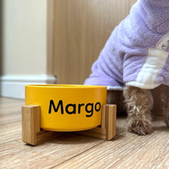 Yellow Ceramic Pet Bowl With Bamboo Stand - PoochyPups - Dog Harnesses & Toys