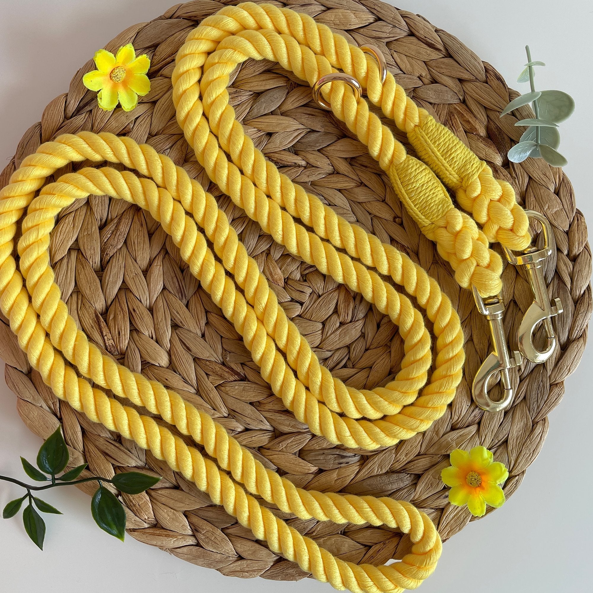 Yellow Double Clip Rope Lead - PoochyPups - Dog Harnesses & Toys